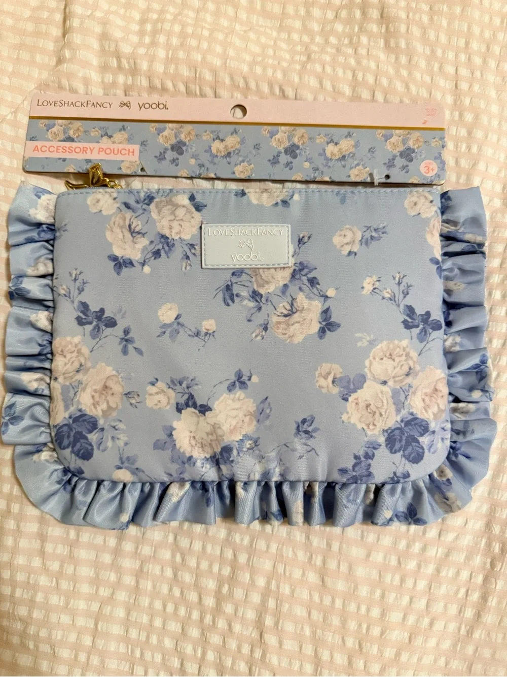 LoveShackFancy Blue Floral Ruffle Accessory Pouch w/gold bow detail NWT